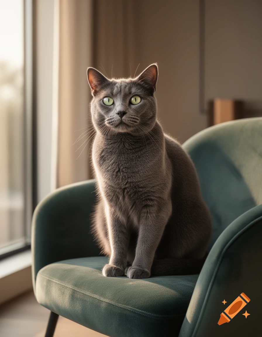 A photorealistic grey Russian Blue cat with bright green eyes sits on a green velvet chair in a sunlit room.