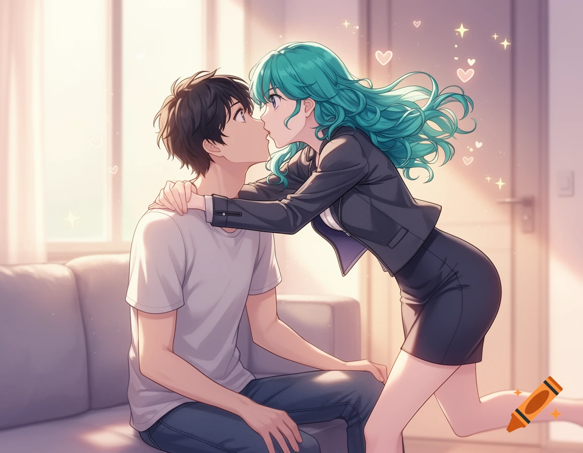 Anime couple about to kiss in a bright room. A woman with teal hair leans over a man sitting on a couch, holding his neck.