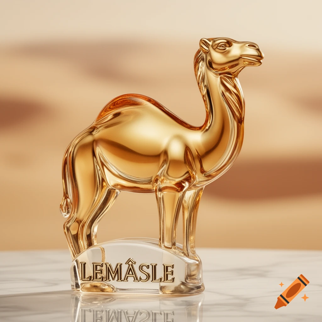 A golden, translucent camel sculpture stands on a white marble base with 'LEM ASLE' engraved, against a blurry, warm-toned background.
