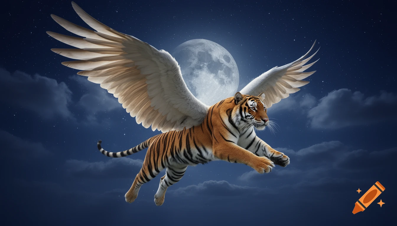 A winged tiger flies through a starry night sky with a large full moon in the background.