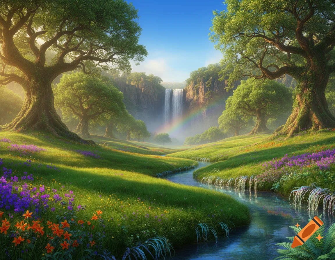 A lush, vibrant fantasy landscape with a cascading waterfall and rainbow, a winding stream, large ancient trees, and fields of colorful wildflowers under a bright blue sky.