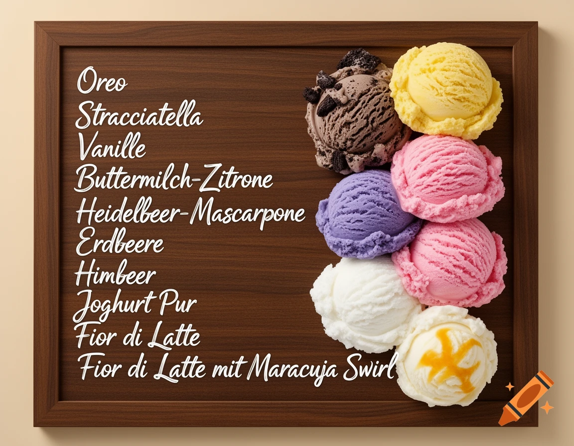 Colorful ice cream scoops arranged next to a blackboard menu listing various flavors like Oreo, Strawberry, and Vanilla.