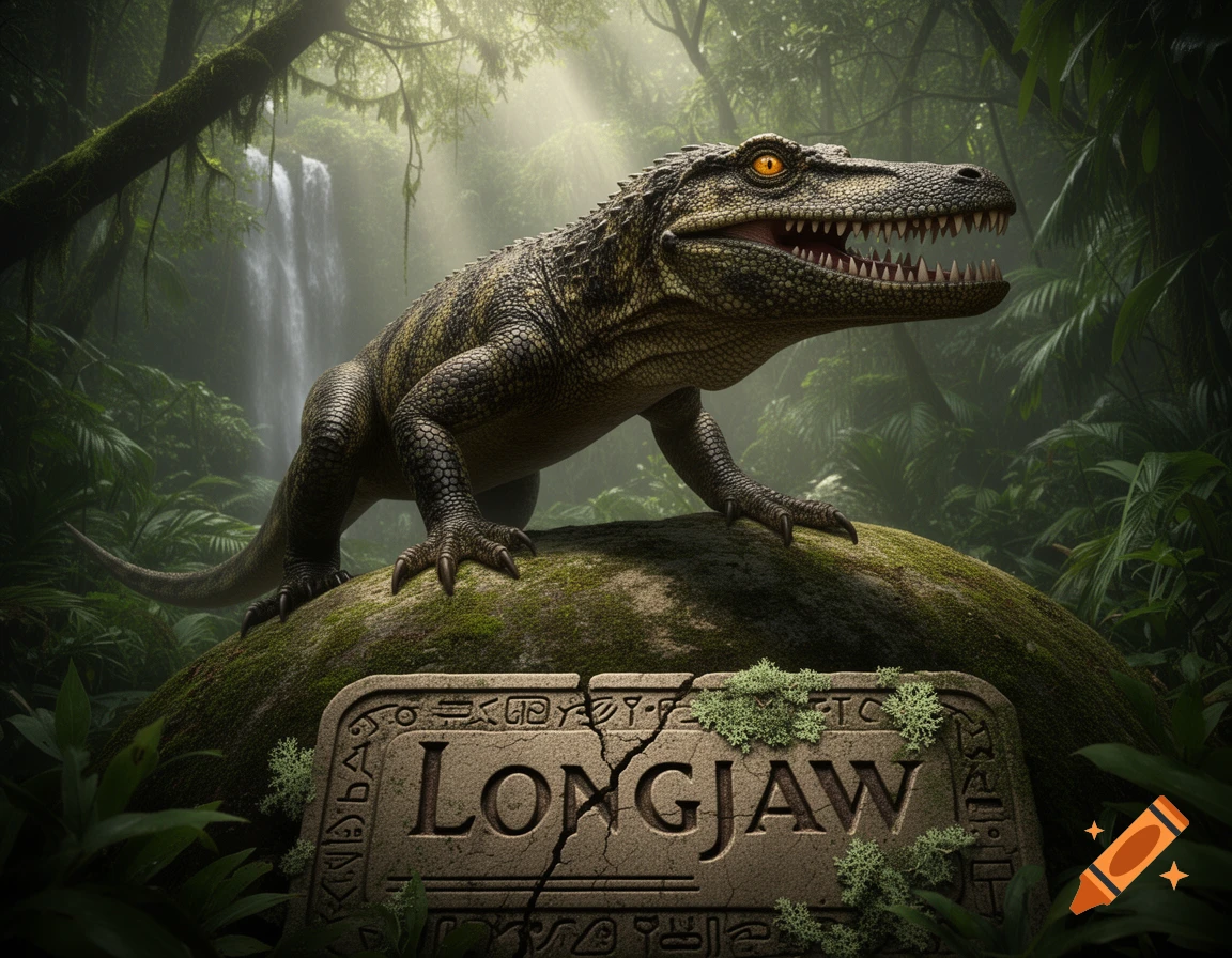 A photorealistic ancient reptile with orange eyes, named Longjaw, stands on a mossy rock in a lush jungle with a waterfall.
