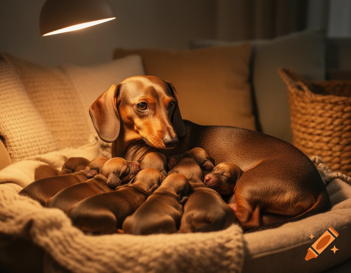 A mother Dachshund lies comfortably with her many newborn puppies nestled around her, illuminated by a warm light.