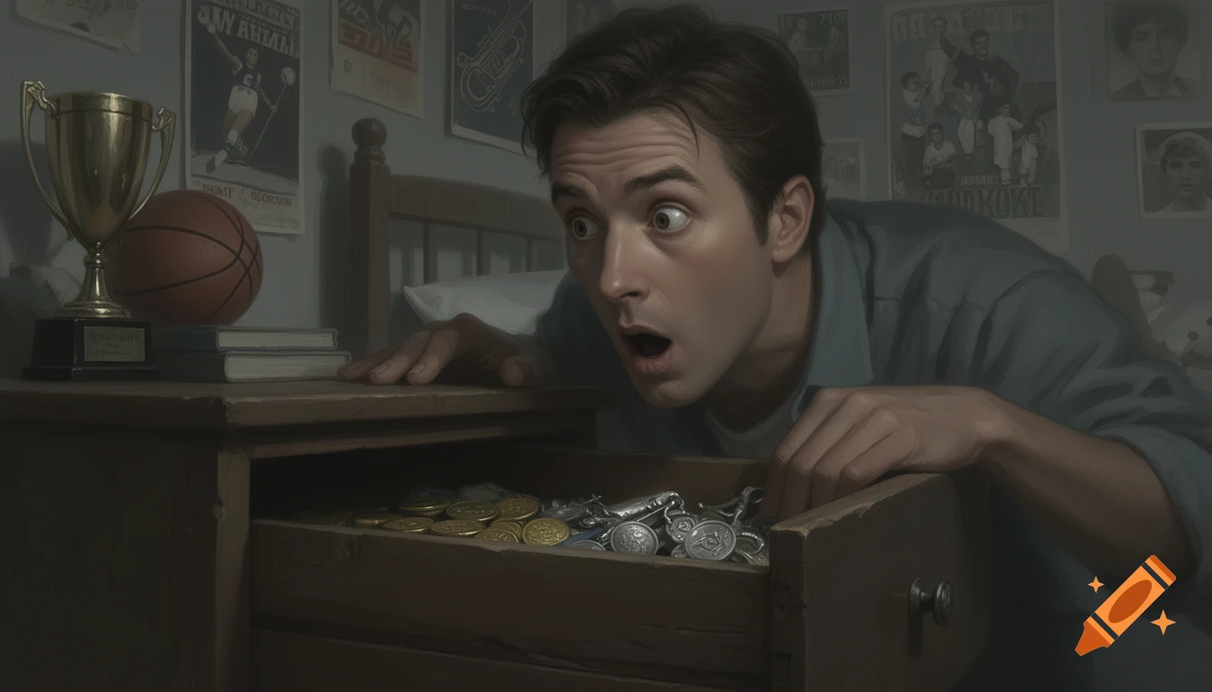 A surprised man discovers a drawer full of gold coins and silver trinkets in his bedroom, with posters on the wall.