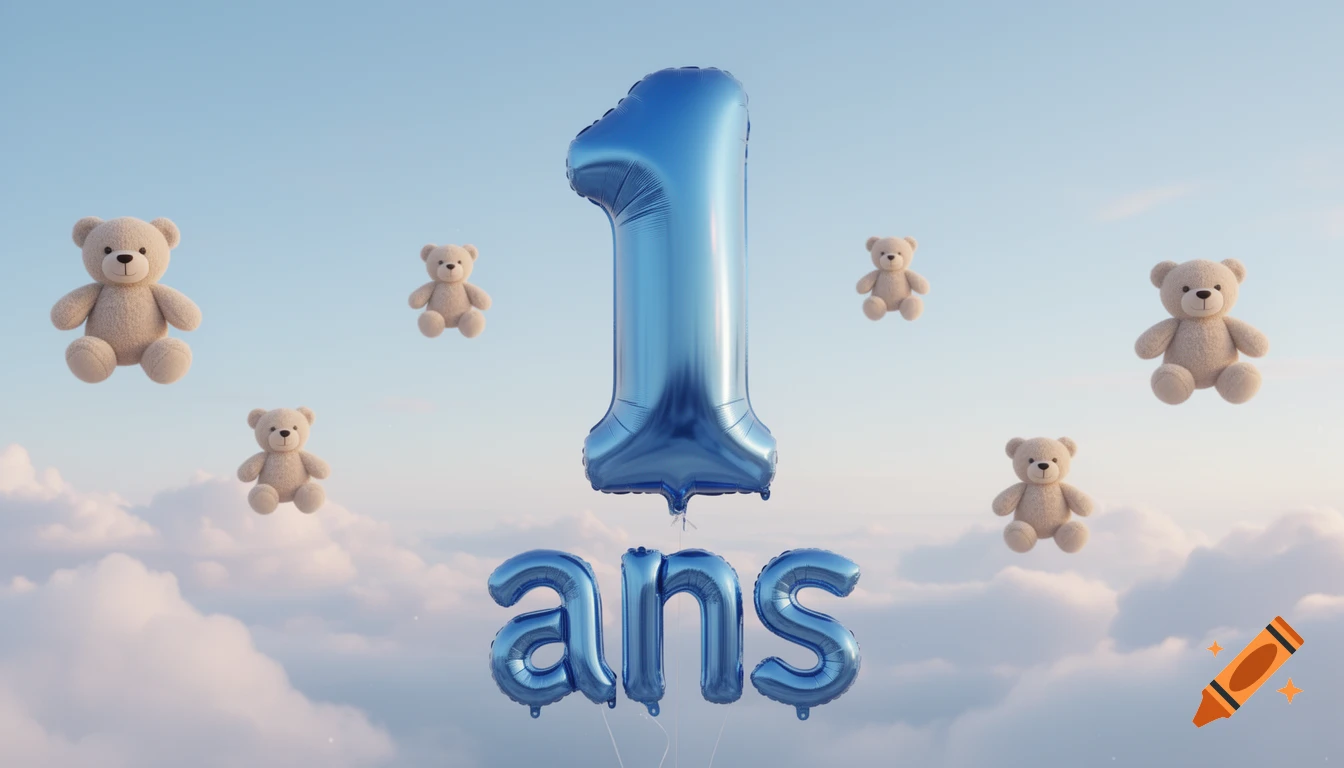 Six fluffy teddy bears float around a large blue metallic balloon forming the number '1' and smaller balloons spelling 'ans' in a cloudy blue sky.