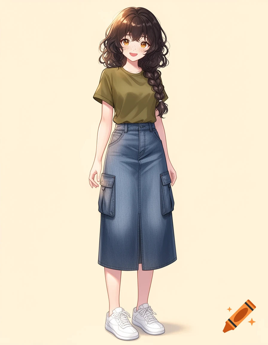 Cheerful anime girl with curly dark brown hair, freckles, in an olive T-shirt, denim utility midi skirt, and white sneakers.