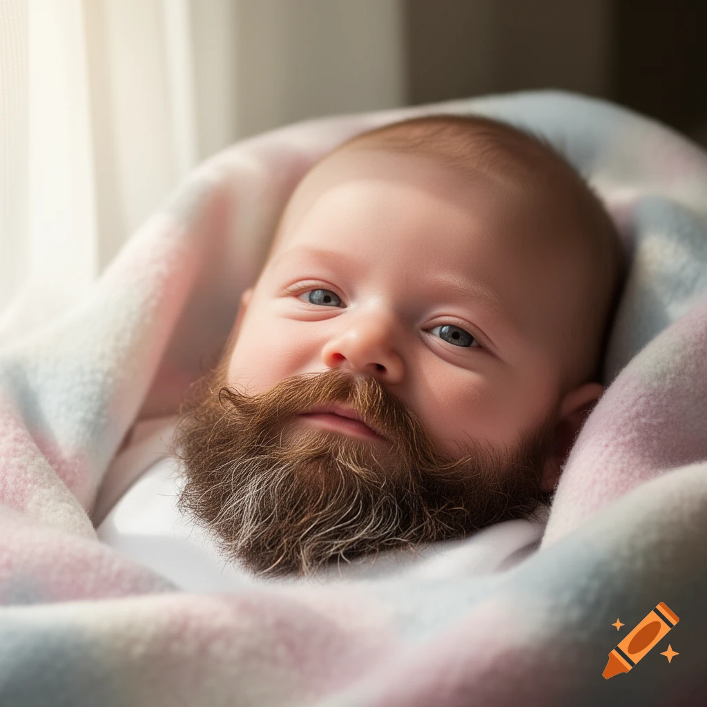 A newborn baby swaddled in a colorful blanket, looking directly at the viewer with a full, mature brown beard and mustache.