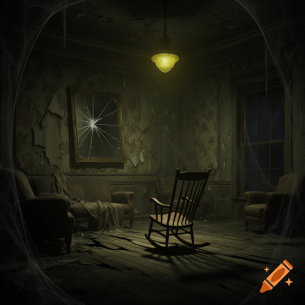 A dark, dilapidated room with peeling wallpaper, spiderwebs, a broken mirror, an old rocking chair, and dusty furniture, illuminated by a single dim light.