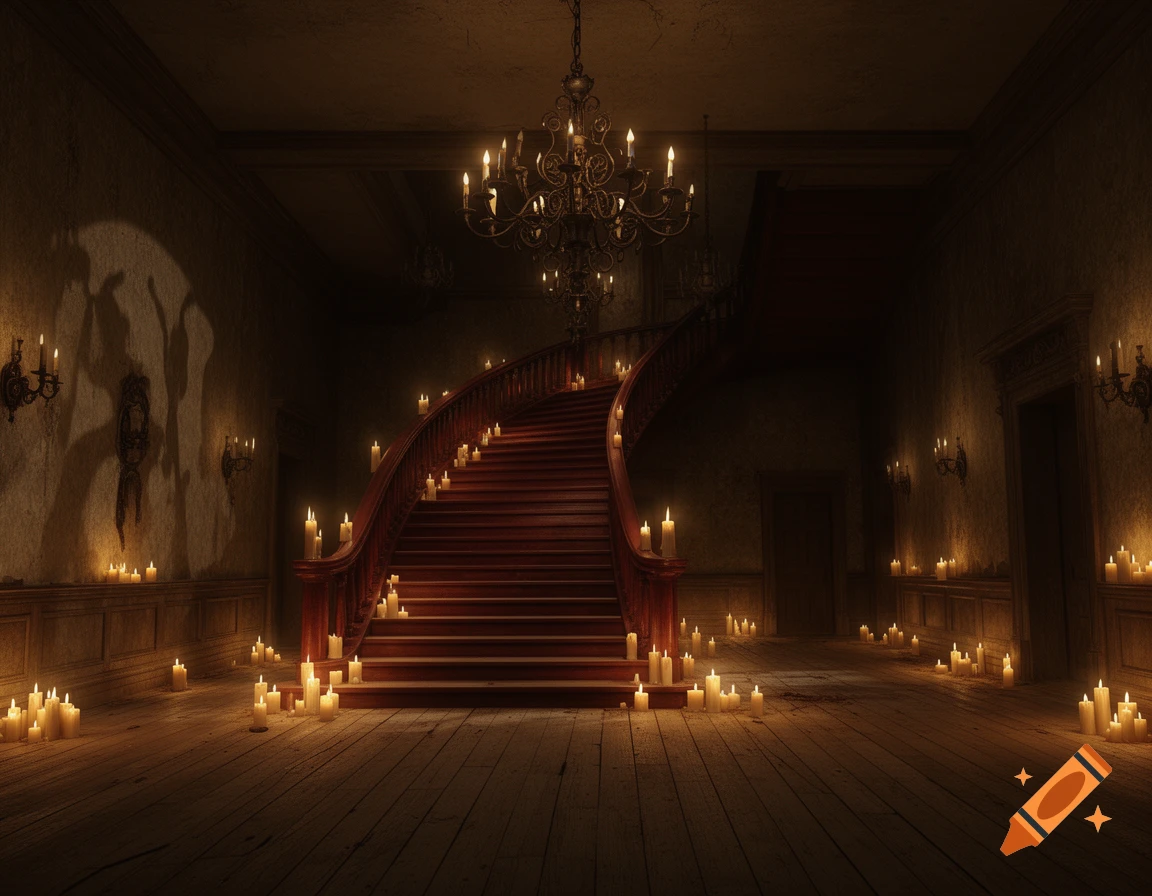 A dimly lit grand hall with a red-carpeted curved staircase, illuminated by numerous candles on the stairs, floor, and walls, creating a spooky atmosphere.