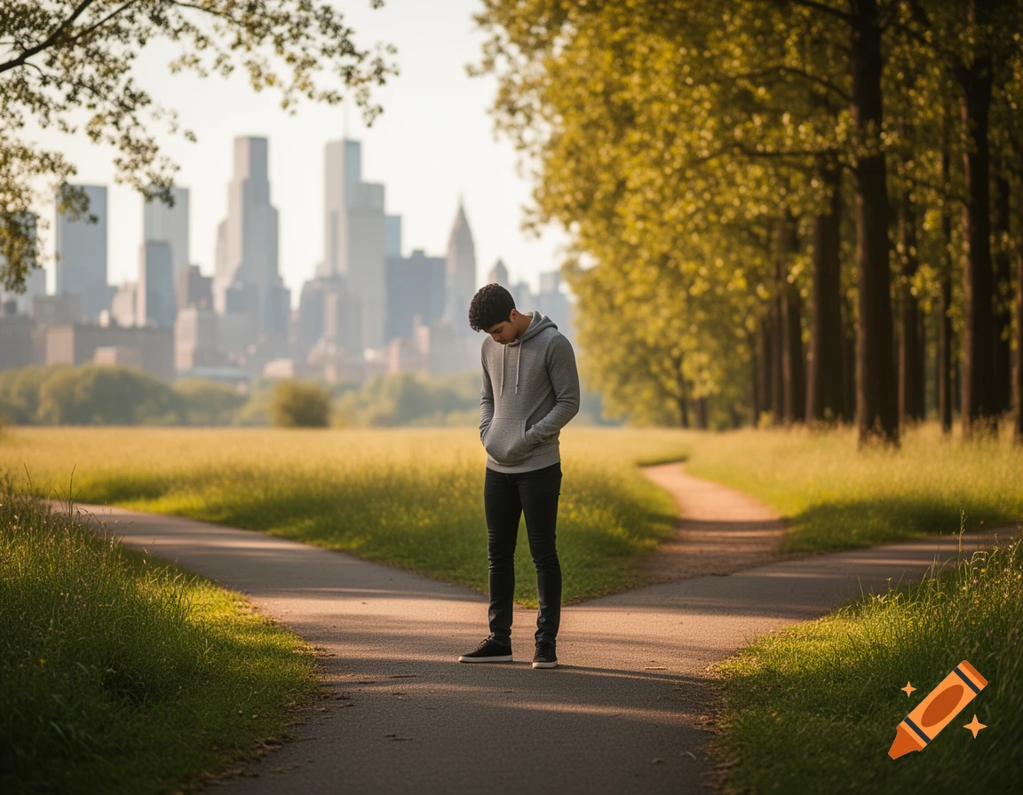 A young man stands at a fork in a paved path in a park with trees and a city skyline in the background.