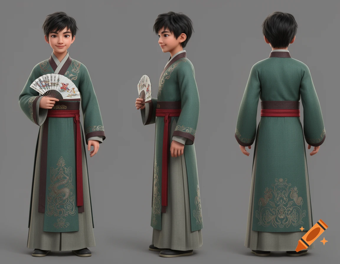 A 3D character sheet showing a smiling teenage boy in green traditional Chinese clothing holding a fan, from front, side, and back views.