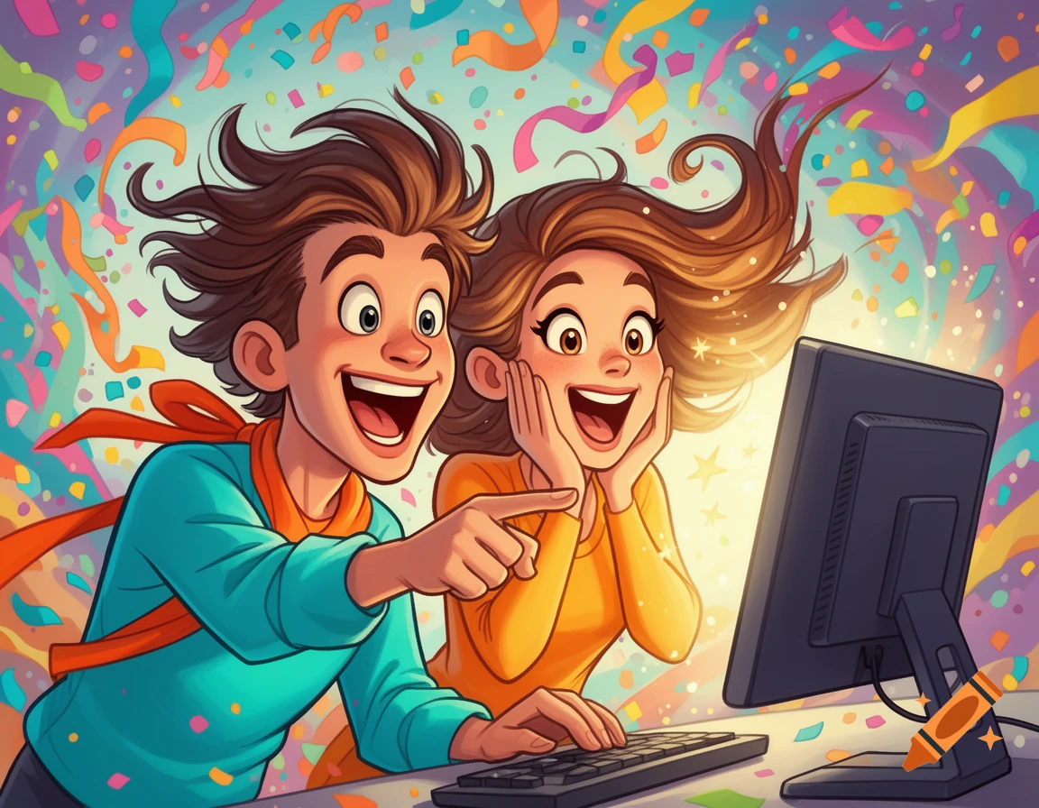 Vibrant cartoon of a man and woman excitedly looking at a glowing computer screen amidst confetti.