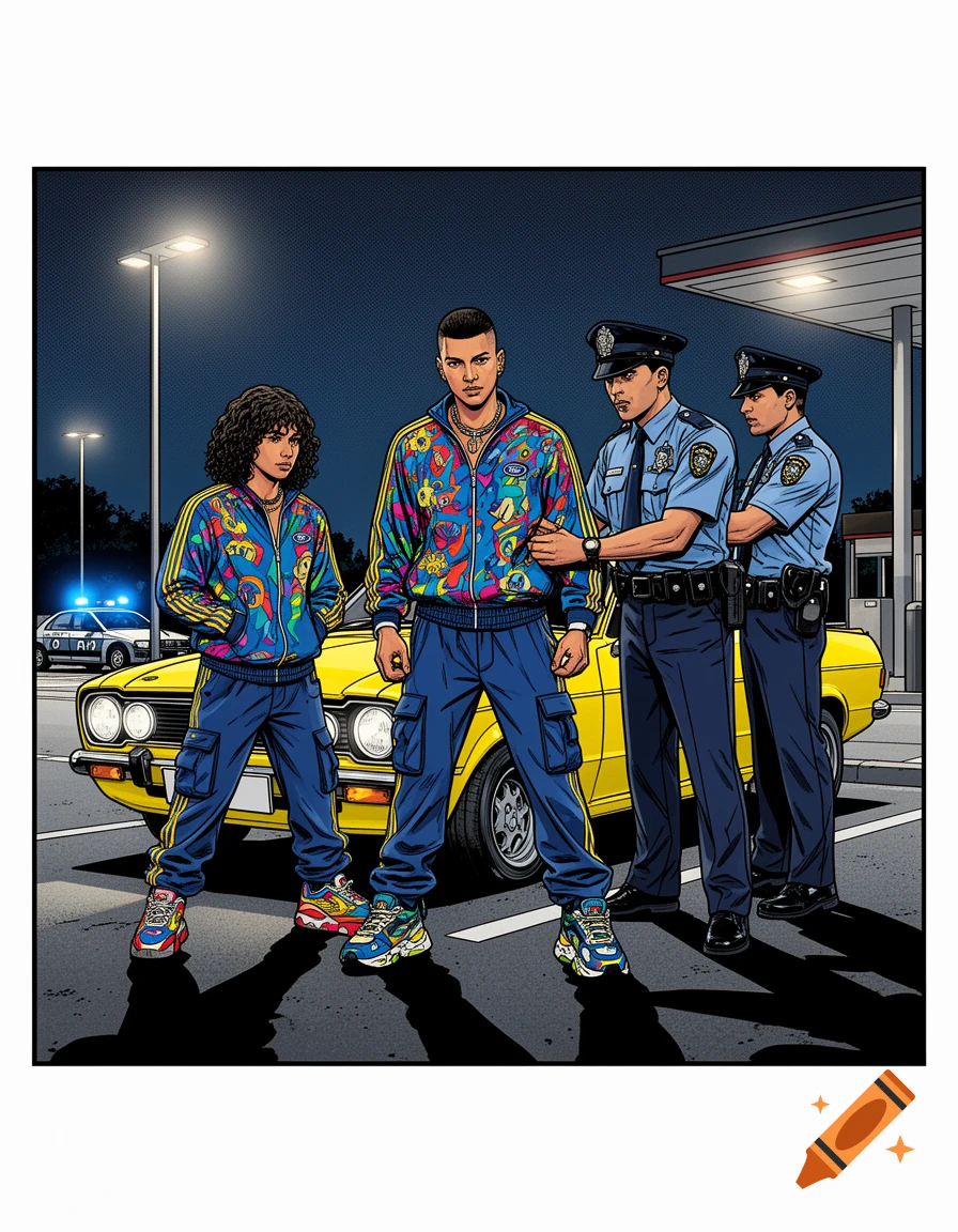 Comic-style illustration of two men in colorful tracksuits being patted down by two police officers next to a yellow car at night.