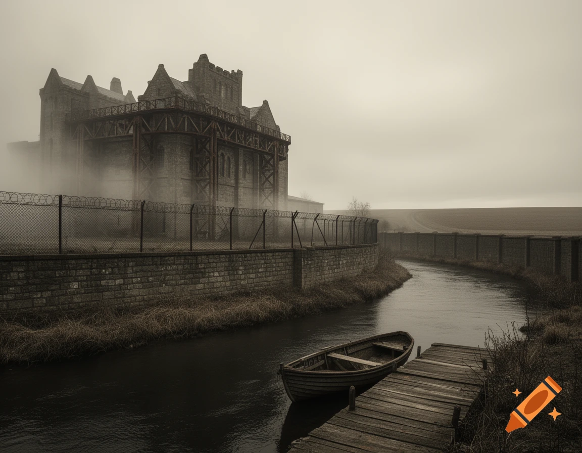 A desolate stone prison-like building covered in mist stands by a dark river with a wooden dock and a rowboat, surrounded by fences and barren fields under a cloudy sky.