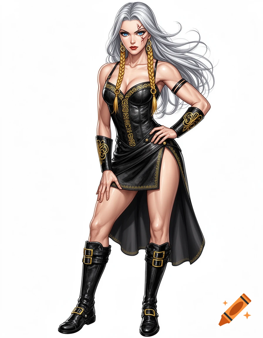 A highly detailed illustration of a female warrior named Tiara with long silver hair and golden braids, wearing a black leather corset and skirt with golden accents, and knee-high boots, in a confident pose.