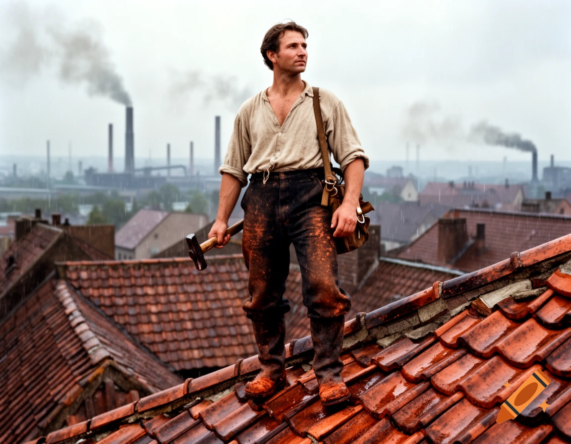 A photorealistic man in 1875 attire with a hammer and satchel stands on a wet tiled roof, industrial smokestacks in background.