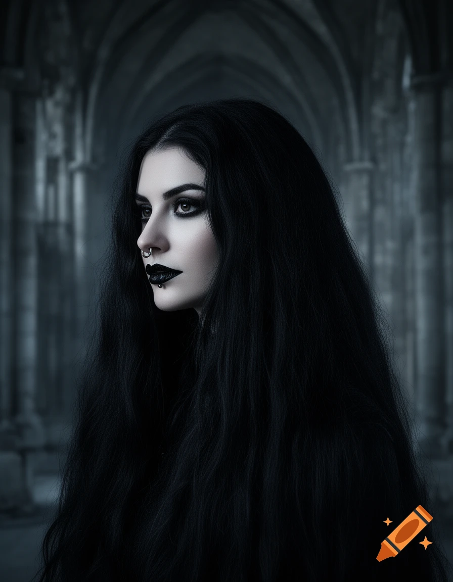 Close-up of a gothic woman with long black hair, dark makeup, and piercings, in a shadowy arched corridor.
