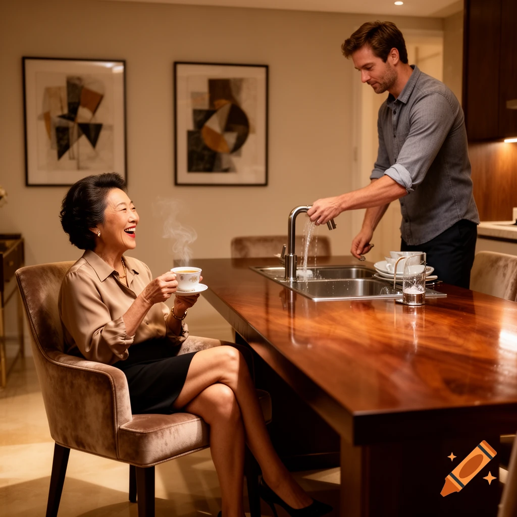 An elegant mature Chinese woman laughs while sipping coffee at a dining table, looking at a European man washing dishes in the integrated sink.