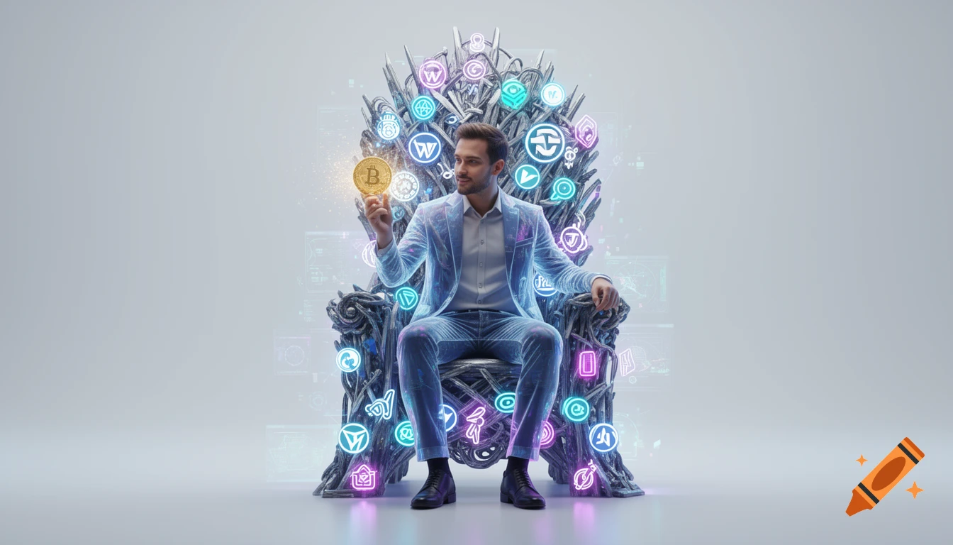 A charismatic digital entrepreneur sits on a throne of glowing virtual logos, holding a shining Bitcoin. Futuristic neon aesthetic.