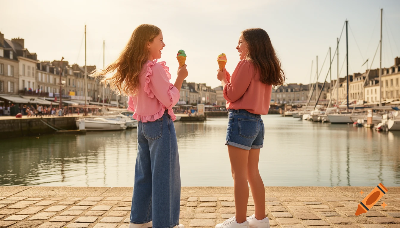 Two girls in pink shirts and jeans laugh while eating ice cream by a sunny harbor with boats and old buildings in the background.