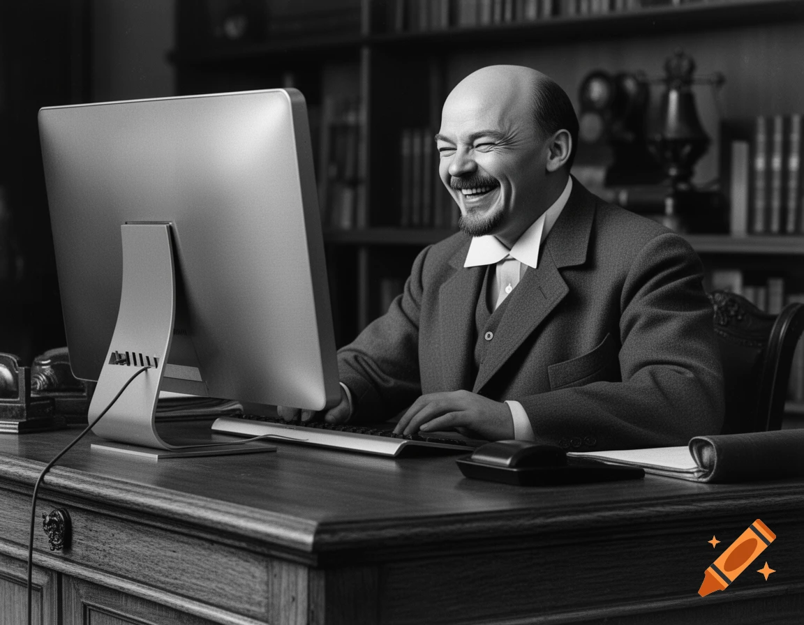Black and white photorealistic image of a laughing Vladimir Lenin sitting at a desk and typing on a modern computer.