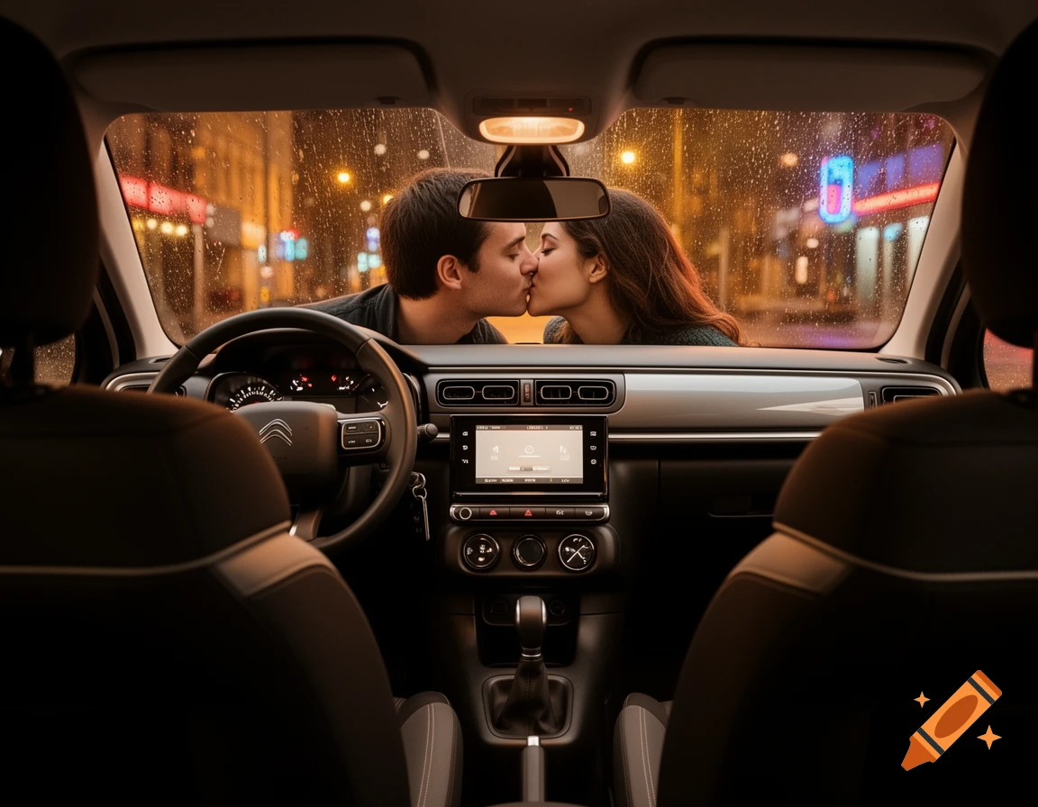 A photorealistic image of a couple kissing inside a car, with rain on the windshield and city lights visible at night.
