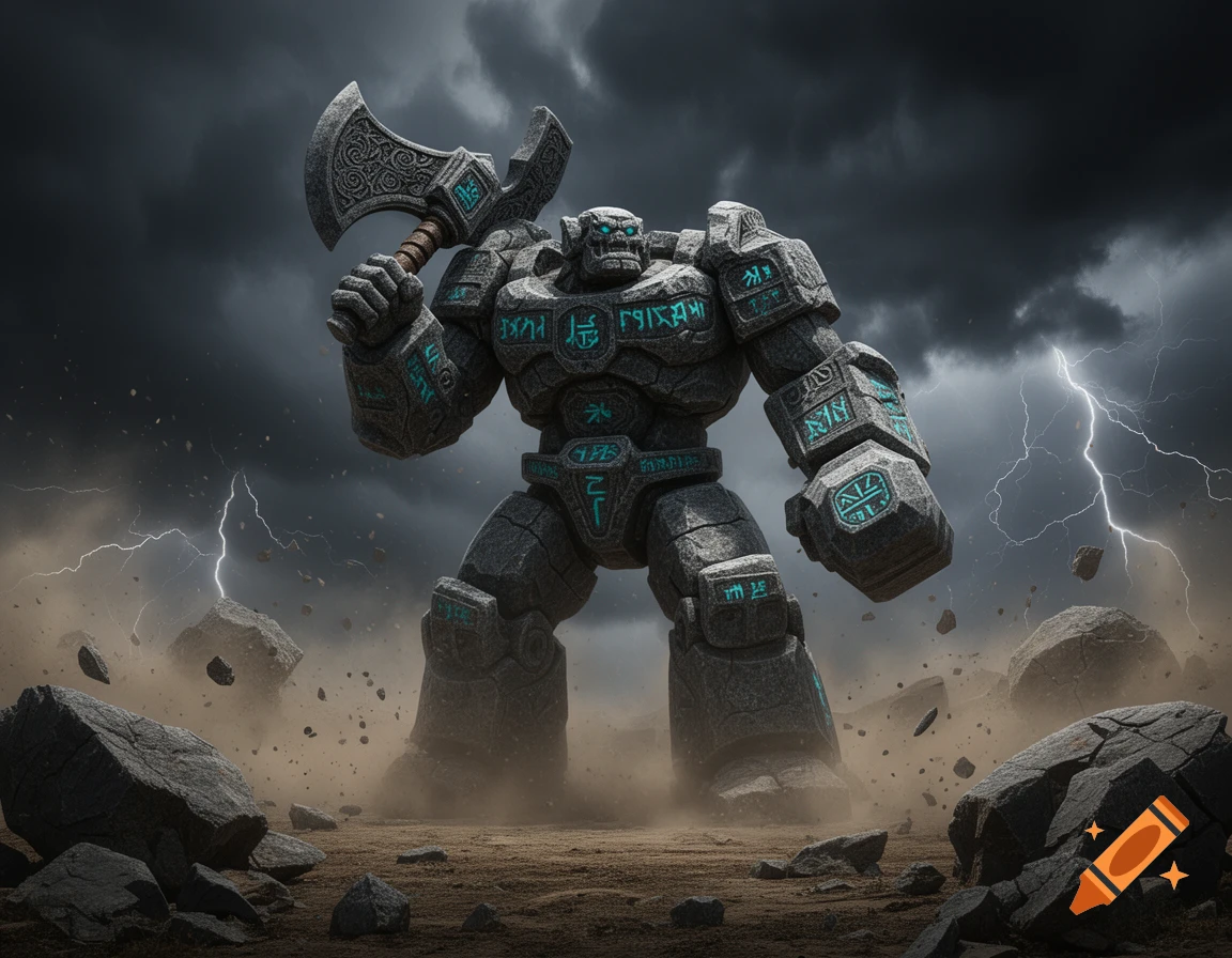 A massive, muscular stone golem with glowing blue eyes and etched runes, wielding a large stone axe under a stormy, lightning-filled sky with debris flying.