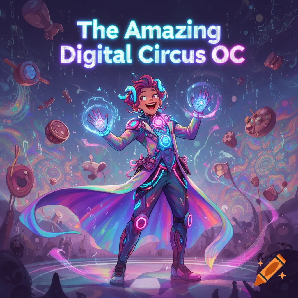 A vibrant, smiling character in a colorful, futuristic outfit, with glowing hands, stands amidst floating digital elements and binary code with text reading "The Amazing Digital Circus OC".