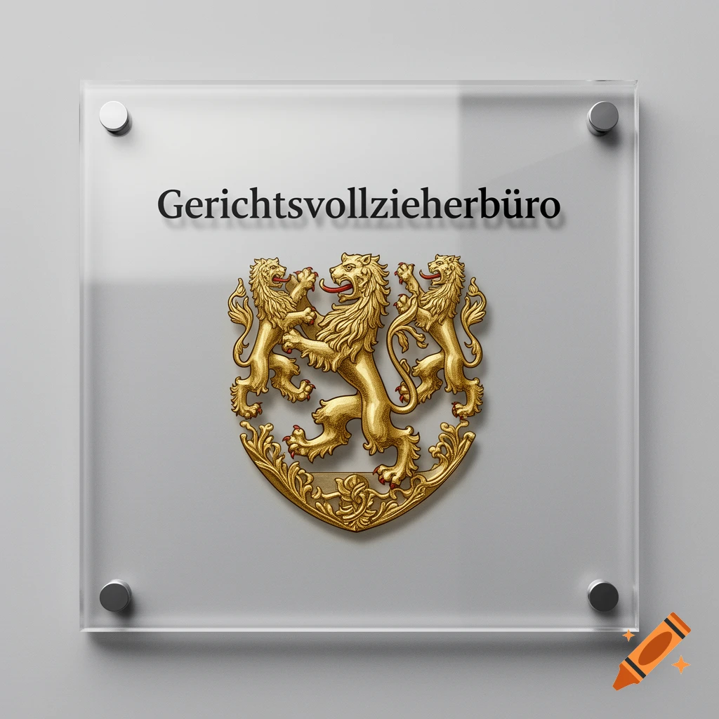 A clear plexiglass sign with black text 'Gerichtsvollzieherbüro' and a golden coat of arms featuring three lions standing on a shield.