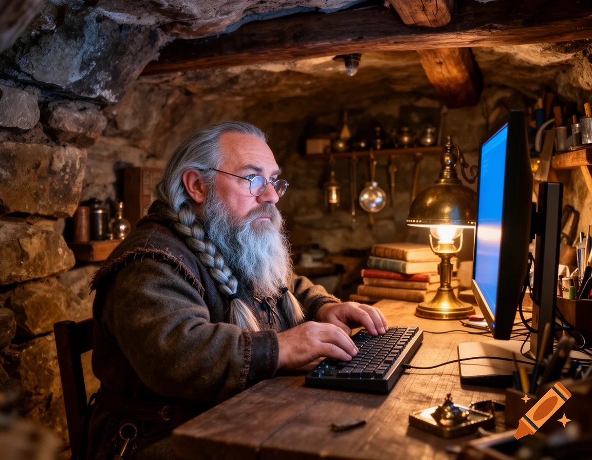 Photorealistic image of a bearded man with braided hair typing on a computer at a wooden desk in a dimly lit, rustic cave room.