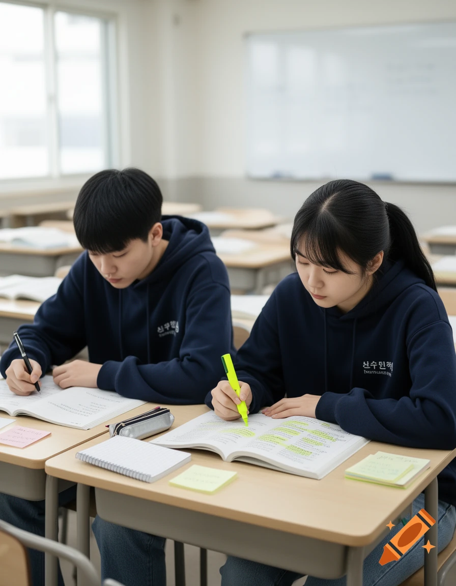 Two Korean students in dark hoodies diligently studying with books and highlighters at wooden desks in a bright classroom.