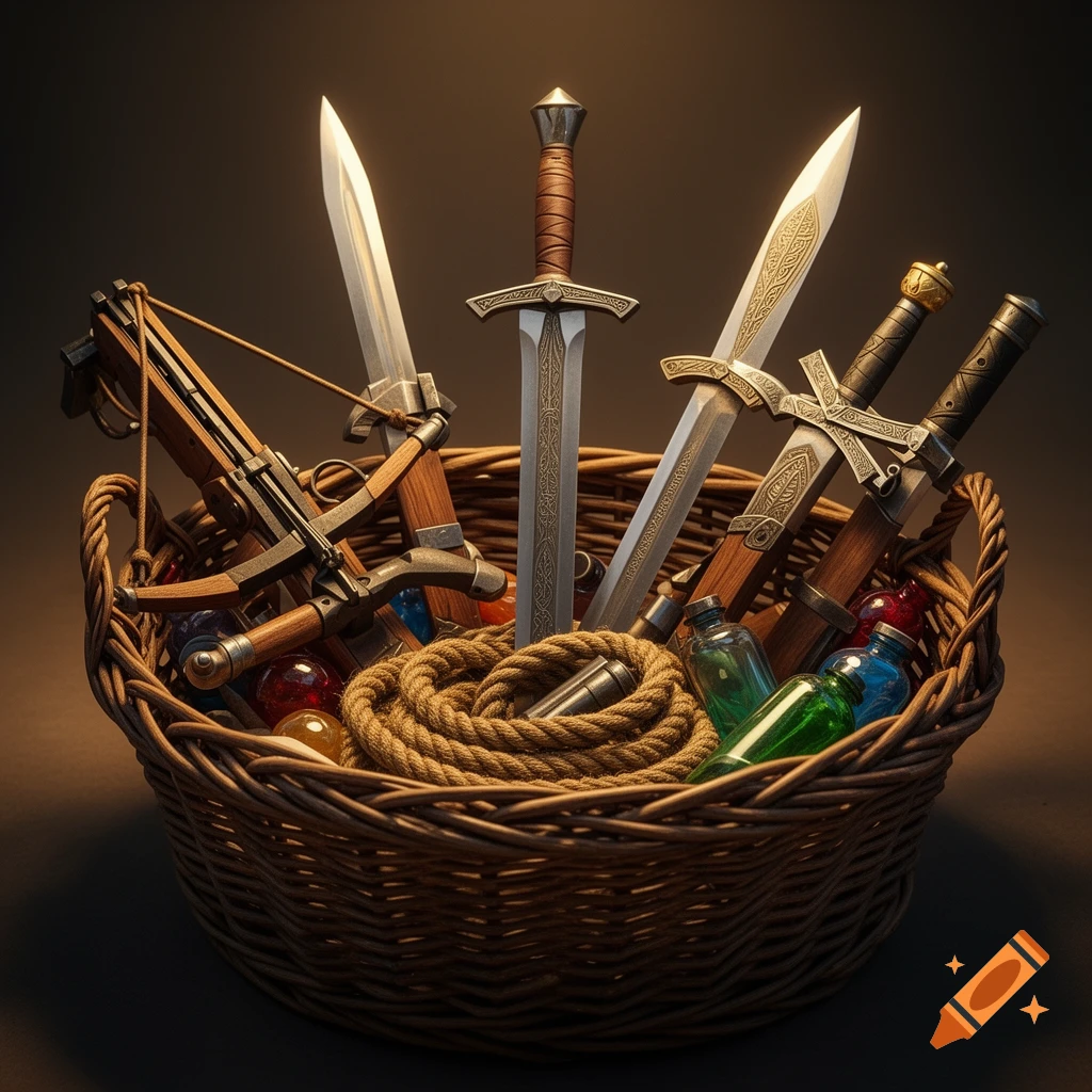 A wicker basket filled with fantasy weapons: swords, daggers, a crossbow, rope, and colorful vials, with warm lighting.