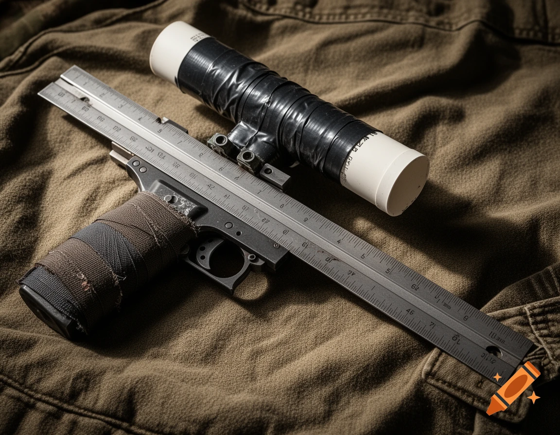 A makeshift post-apocalyptic sniper rifle, fashioned from a metal ruler and PVC pipe, wrapped in tape, resting on a brown fabric.