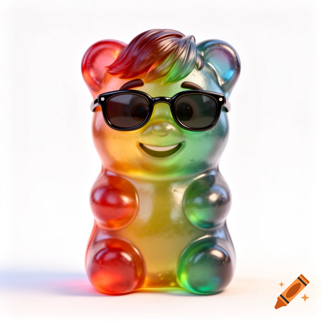 A colorful, translucent rainbow gummy bear character with a haircut and black sunglasses, smiling in 3D Pixar style on a white background.