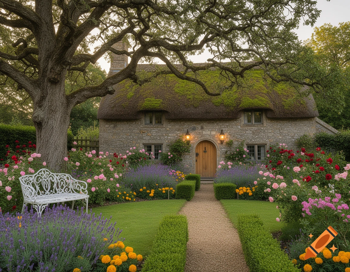 A charming stone cottage with a mossy thatched roof, surrounded by a vibrant English garden with a gravel path, a white bench, and colorful flowers.