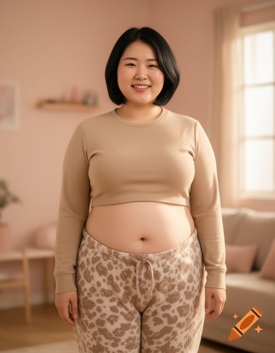 Smiling Korean woman in a beige crop top and leopard print lounge pants, showing her belly, standing in a living room.