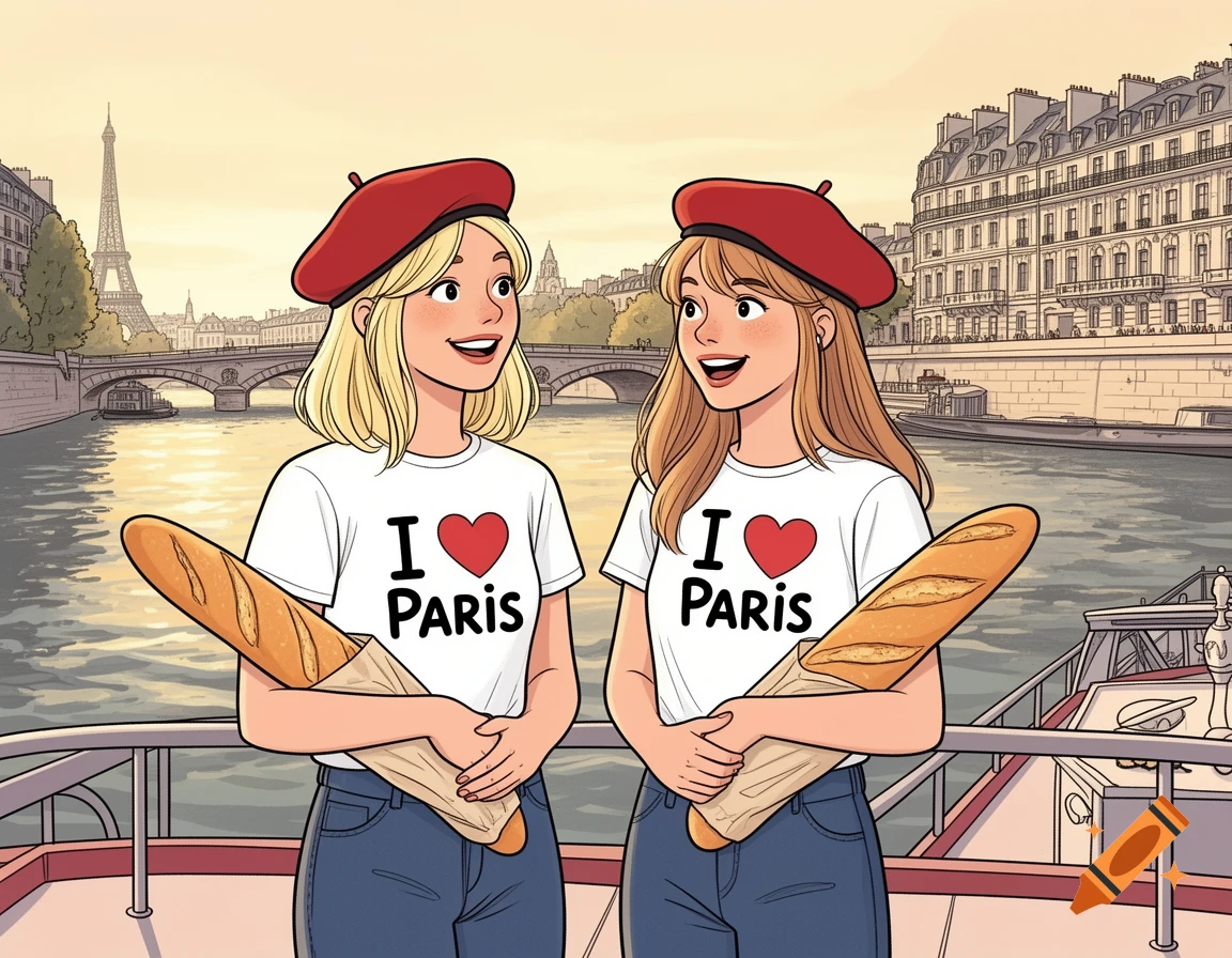 Two smiling women in red berets and 'I Paris' shirts hold baguettes on a boat on the Seine, with the Eiffel Tower in the background, in a cartoon style.