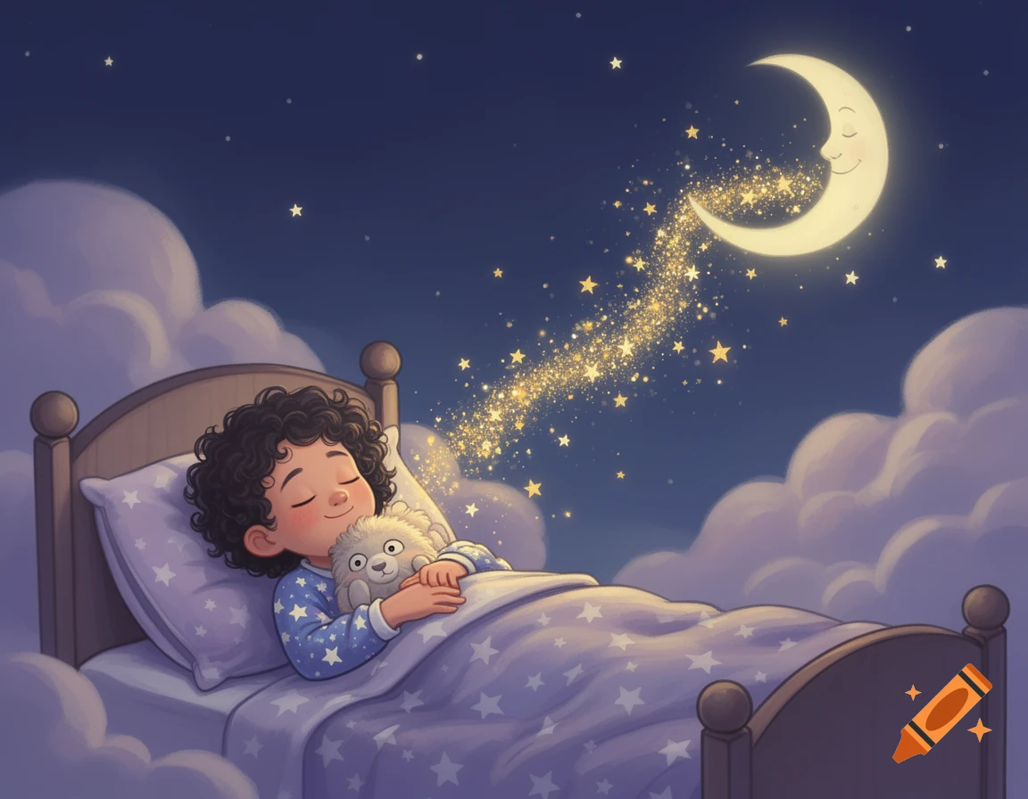 A whimsical digital illustration of a child with curly hair sleeping peacefully in bed, hugging a stuffed animal. Golden stardust trails from the bed towards a smiling crescent moon in a starry night sky with fluffy clouds.