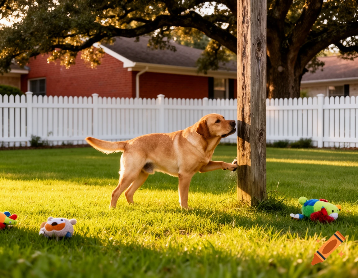 A light brown Labrador retriever sniffs a wooden pole in a sunny green yard with a white picket fence and houses.
