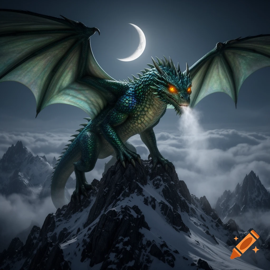 A majestic green and blue dragon with glowing orange eyes perches atop a snowy mountain peak under a crescent moon, exhaling mist.