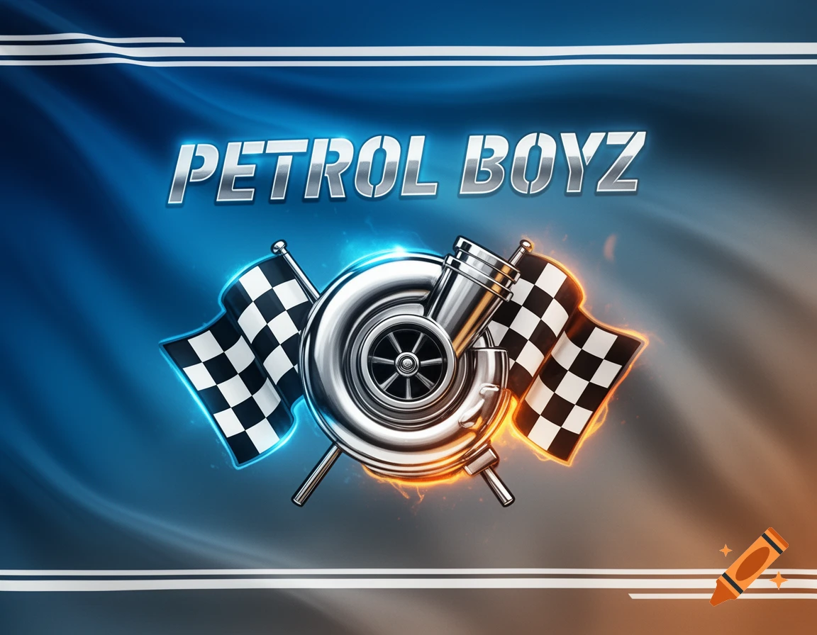 A metallic 'PETROL BOYZ' logo with a turbocharger and two checkered racing flags, set against a blue and orange gradient background with white stripes.
