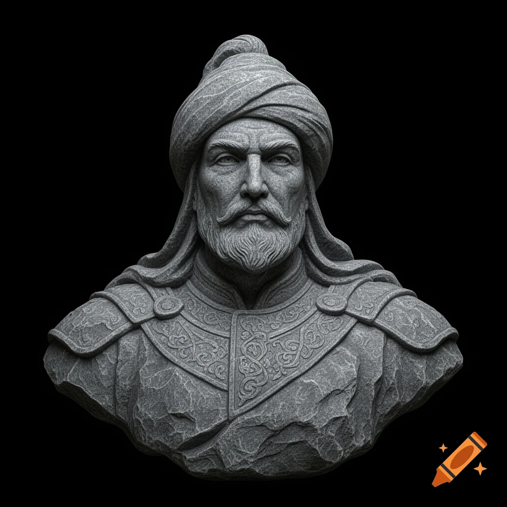 A highly detailed stone bust sculpture of Timur Lang, a bearded man wearing a turban, against a black background.