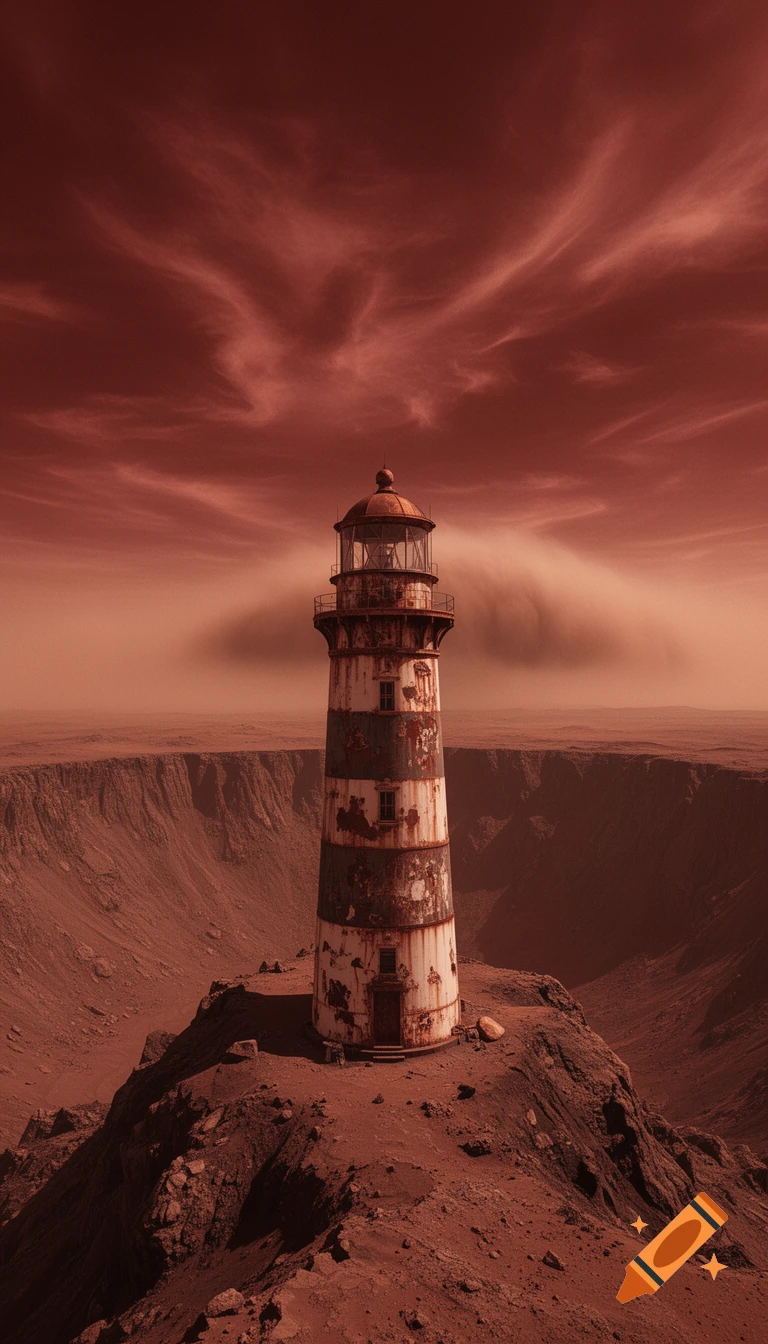 A rusted lighthouse stands on the edge of a Martian crater under a dramatic red sky with a distant dust storm.