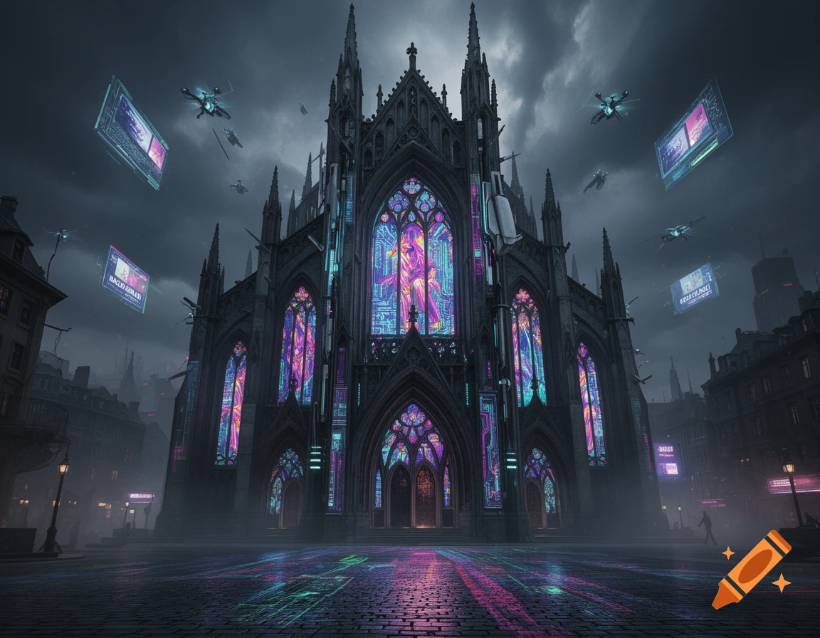 A majestic gothic cathedral with neon cyberpunk glowing windows and circuit board patterns, surrounded by flying drones under a stormy sky, reflecting on wet cobblestones.