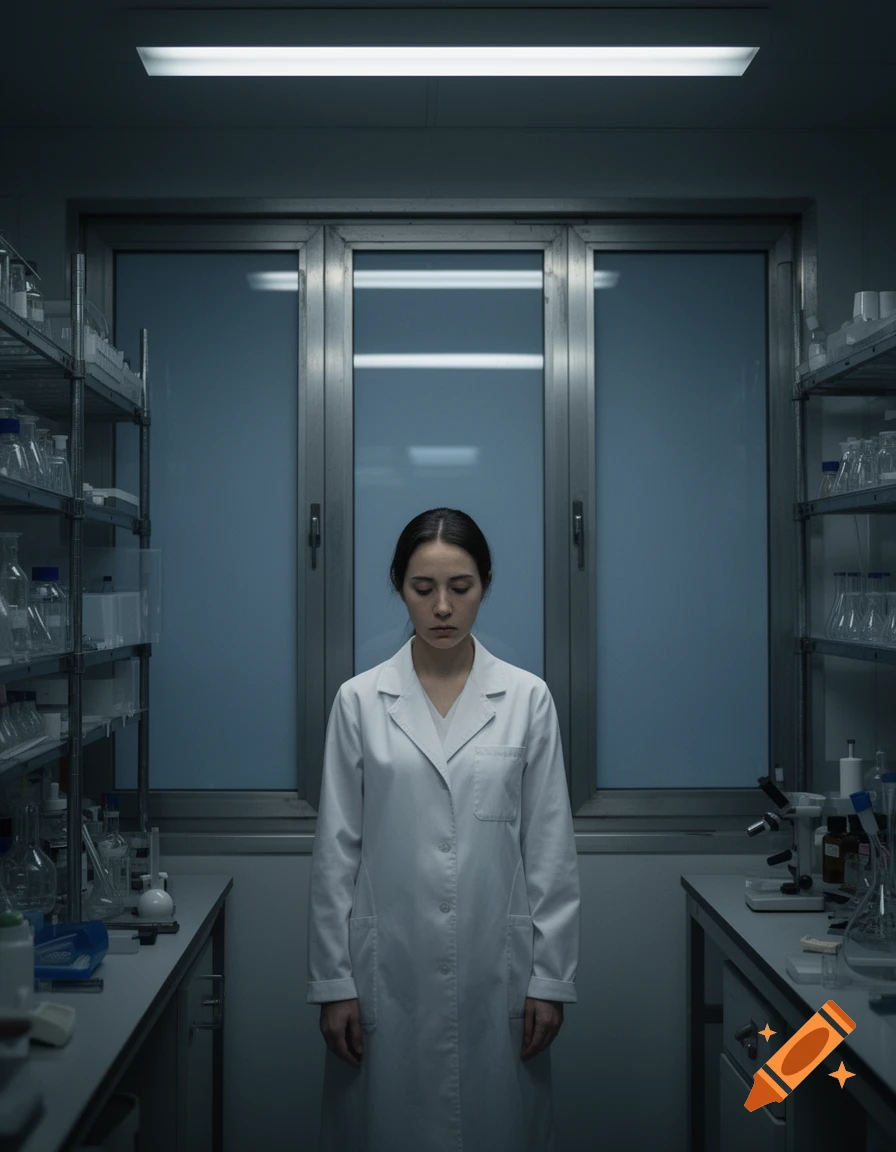 A sad lab technician in a white coat stands in a dimly lit laboratory with lab equipment and a closed window.