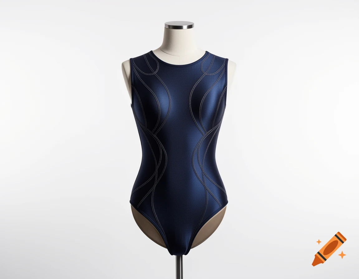 Dark blue sleeveless bodysuit with white stitching on a cream mannequin against a white background.
