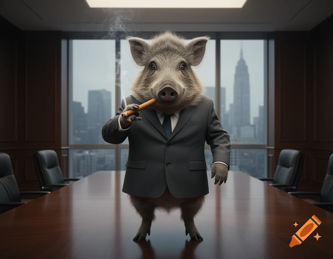 Photorealistic feral pig in a grey business suit, smoking a cigar in a modern office overlooking a city skyline.
