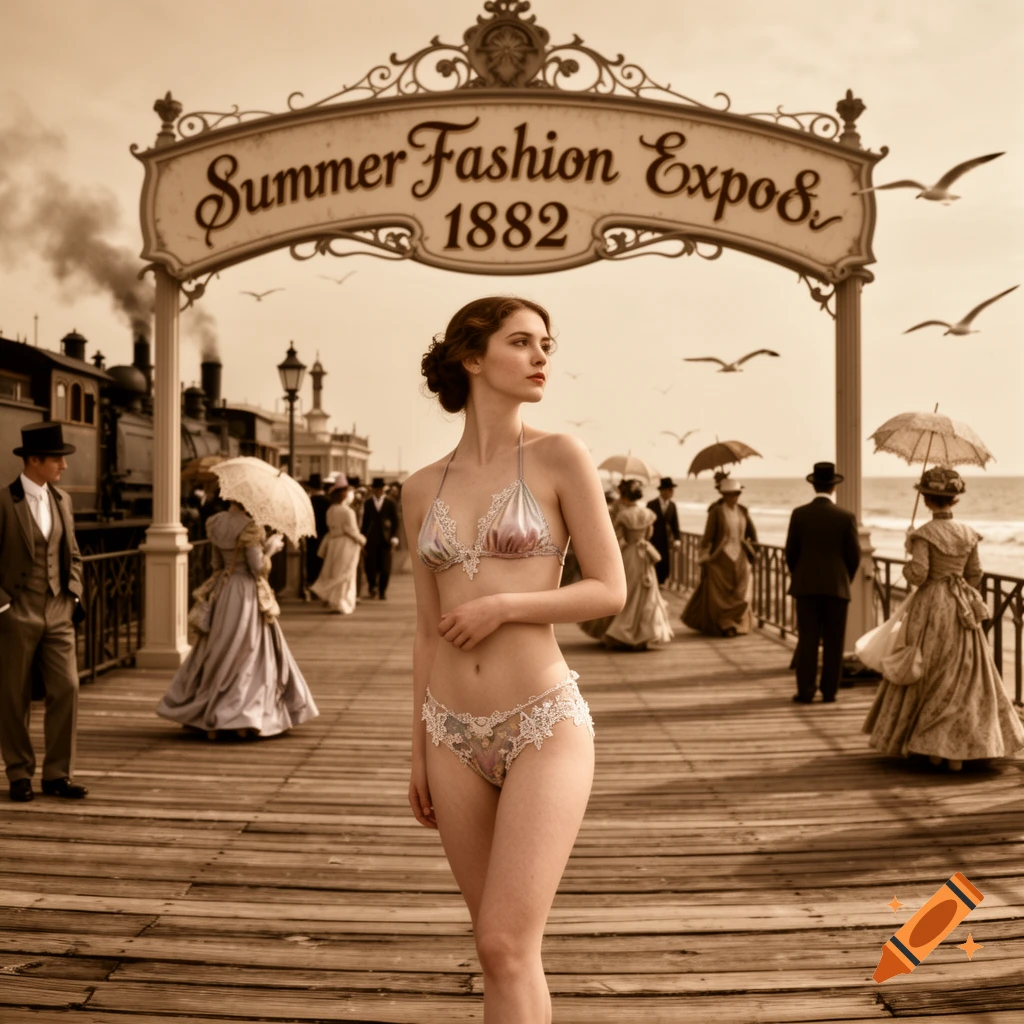 A woman in a bikini stands on a wooden pier beneath a 'Summer Fashion Expo 1882' sign, with people and a train in the sepia-toned background.