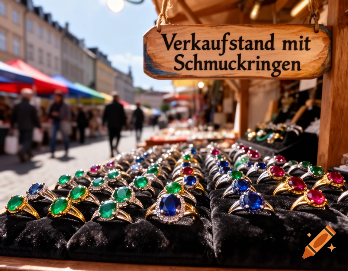 A market stall displays rows of colorful gemstone rings on black velvet. A wooden sign above reads 'Verkaufsstand mit Schmuckringen' with a blurred market street behind.